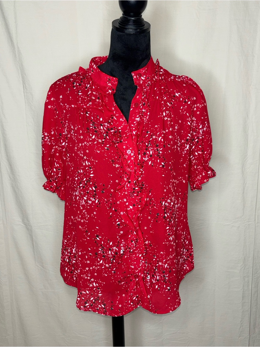 Worthington Red Printed Ruffle-Front Blouse